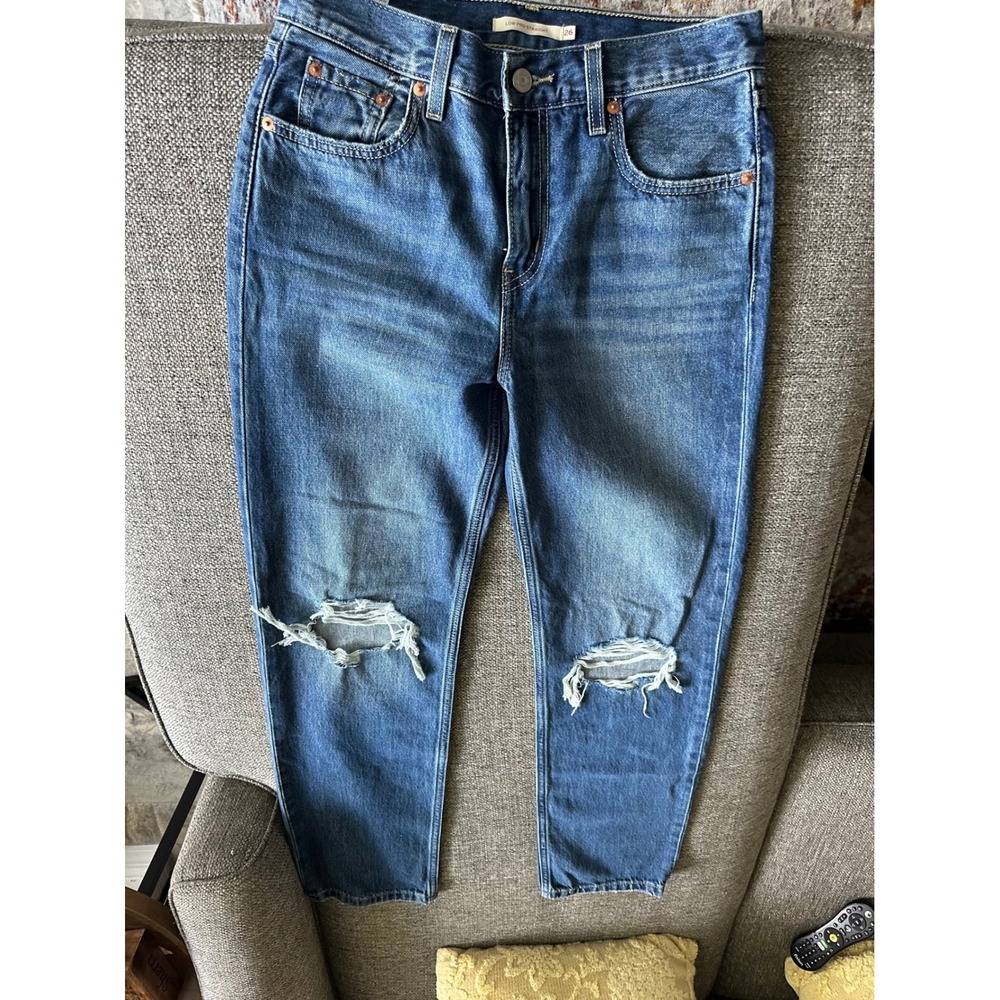 Levis Low Pro Straight Jeans Womens 26 Distressed Medium Wash Blue Denim A0964